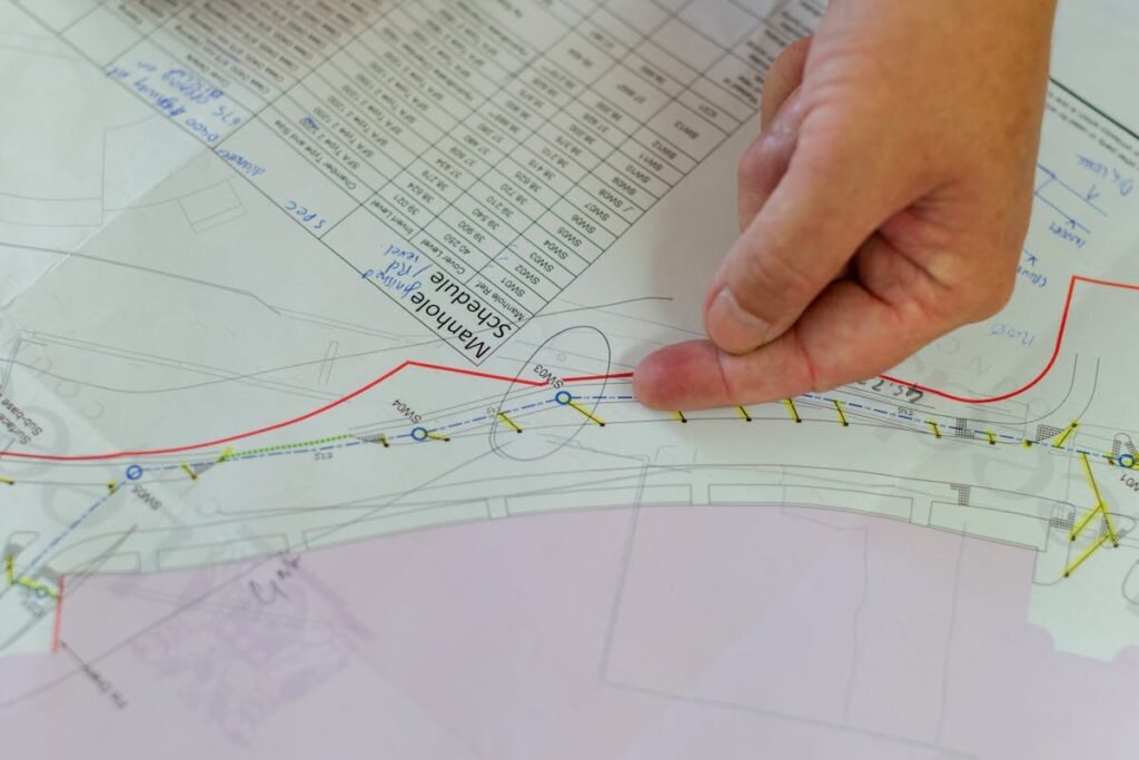 A Metro Atlanta builder's hand pointing at a detailed project plan or map with annotations.
